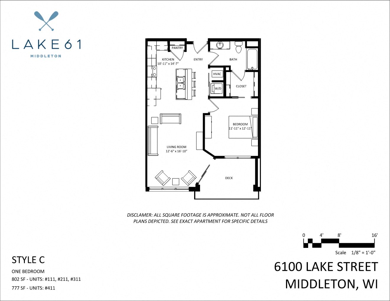 Floor plan for 1 bed, 1 bath, 802 sqft